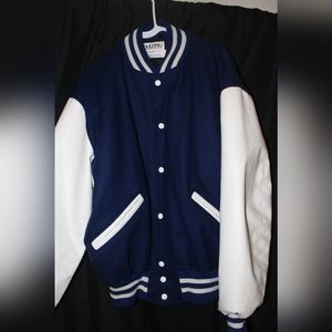 Navy and white letter jacket with vinyl sleeves